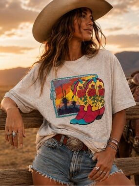 Vintage Signal Sports Western Cowboy Boots Desert Sunset Graphic T-Shirt USA XL